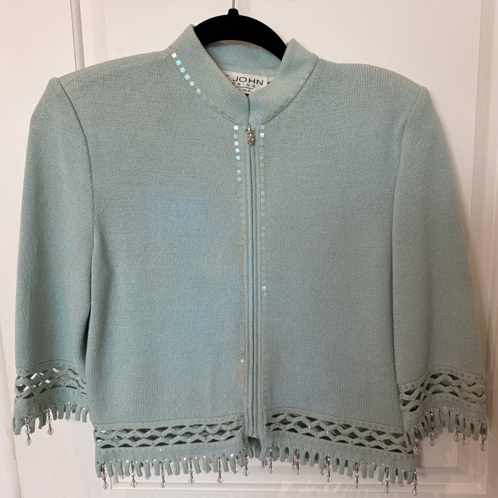 Vintage St John Evening by Marie Gray Turquoise Knit Jacket Size 2 Beaded Fringe
